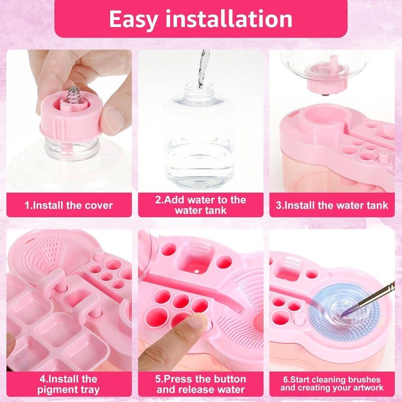 KarHoeGern 2026 Paint Brush Cleaner for Kids Water Circulation Paint with Drain Paint Water Dispenser with Palette Brush Holder Paint Brush Washer for Acrylic Painting Watercolor Art (pink) - Image 4
